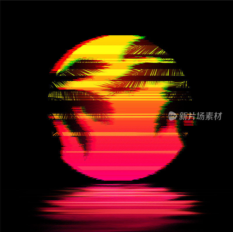 Glitch Art Sunset with Palm Trees, Yellow Pink Sun over the Water. Synthwave Retrowave Art
